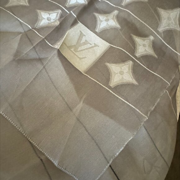 Louis Vuitton Silver Grey Silk Organza Pattern Long Scarf.
